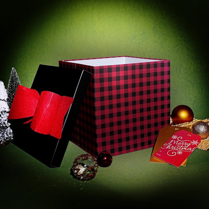 LaRibbons Large Christmas Gift Boxes with Lids,10x10x10 Inches Buffalo Plaid Design Folding Square Gift Boxes for Christmas Decorative,Xmas,Present,Storage,Red and Black - Image 2